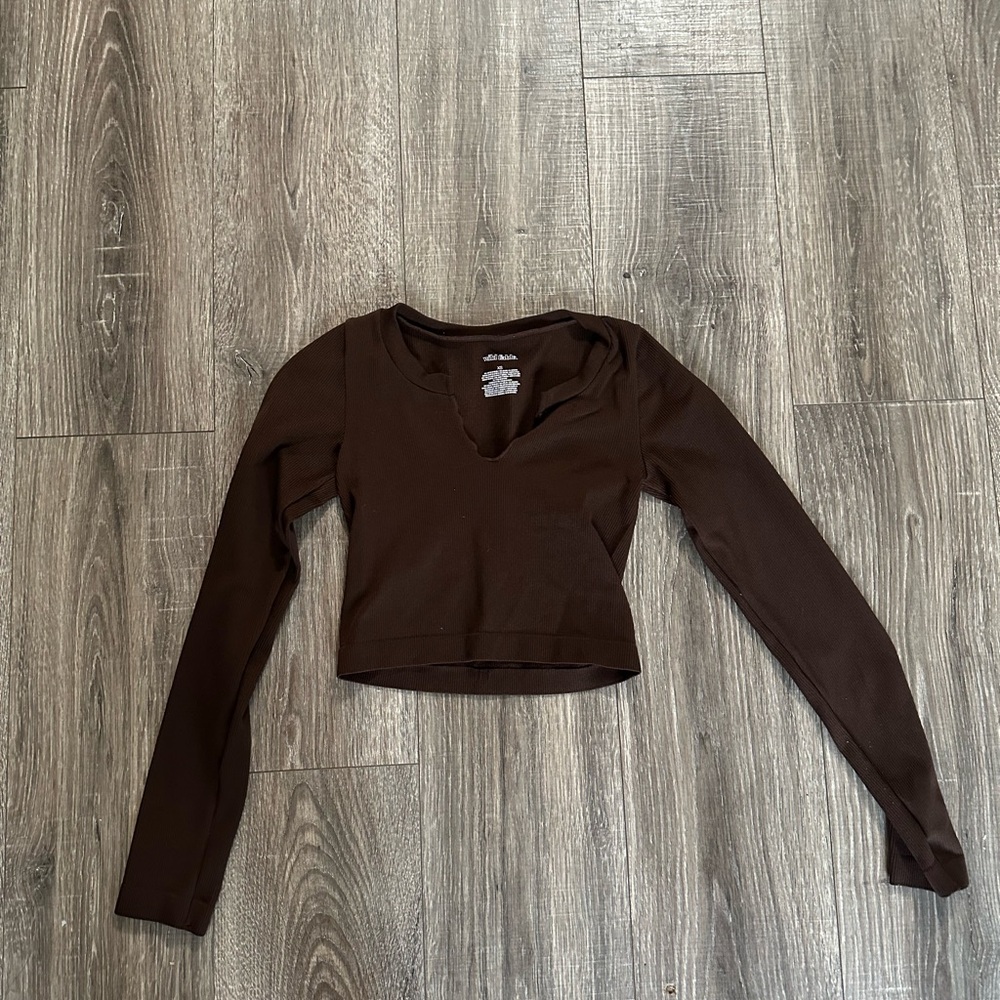 V neck Brown Long Sleeve Top